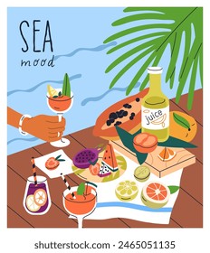 Summer picnic by sea. Enjoying refreshing cocktails in wineglasses, fruits, relaxing on deck. Holiday mood, refreshment by water. Eating outdoors on vacation, weekend. Flat vector illustration