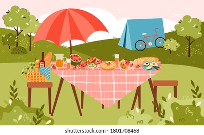 Cartel de verano de picnic y camping con mesa servida para comer en la naturaleza y tienda de campaña, ilustración vectorial plana. Esparcimiento de verano en la naturaleza y actividad de camping.