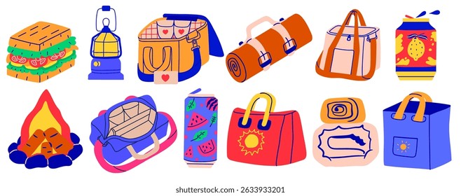 Summer picnic or camping objects. Hand drawn travel elements. Vector set