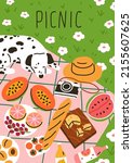 Summer picnic card. Postcard with blanket on grass, food, fruits, camera and dog relaxing outdoors. Vertical vacation poster with lemonades, watermelon, snacks. Colored flat vector illustration