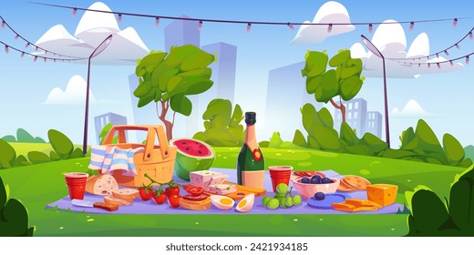 Summer picnic in city park. Vector cartoon illustration of basket with fresh fruit and vegetables, wine bottle on blanket, modern cityscape, skyscrapers in background, green lawn and trees, blue sky