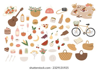 Juego de picnic de verano, picnic en ilustración vectorial de parque, Imágenes en estilo de dibujos animados planos, Elementos individuales, fruta, verdura, comida, bocadillo, hamburguesa, comida, jugo, pastel