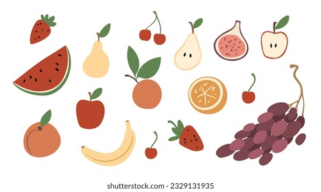 Summer picnic clipart set, picnic in park vector illustration, Images in flat cartoon style, Individual elements, fruit, vegetable, food, snack, sandwich, burger, meal, juice, cake