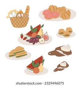 Summer picnic clipart set, picnic in park vector illustration, Images in flat cartoon style, Individual elements, fruit, vegetable, food, snack, sandwich, burger, meal, juice, cake