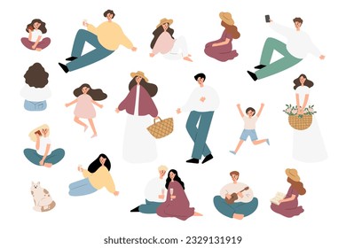 Summer picnic clipart set, People, couples, friends, and families enjoying a picnic in park vector illustration, Images in flat cartoon style, Individual elements