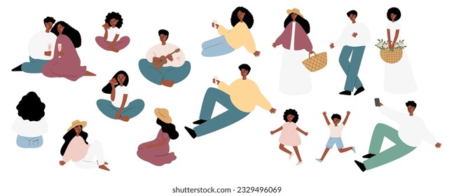 Summer picnic clipart set, People, couples, friends, and families enjoying a picnic in park vector illustration, Images in flat cartoon style, Individual elements