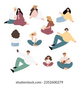 Summer picnic clipart set, People, couples, friends, and families enjoying a picnic in park vector illustration, Images in flat cartoon style, Individual elements