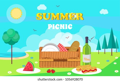 Summer picnic composition, poster with headline and basket, bread and wine, plate and hot dog, nature and trees, title isolated on vector illustration