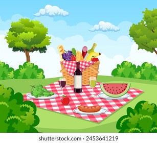 Summer picnic concept with basket full of products. Vector illustration in flat style