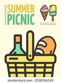 Summer Picnic Concept Vertical Placard Poster Banner Card Template. Vector illustration of Basket with Bottle Wine and Bread