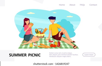 Summer picnic, concept of website. Romantic couple. Faceless cartoon characters in flat style. Usable for landing page, homepage. Vector illustration.