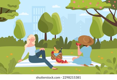 Summer picnic concept. Women with food sit on blue plaid. Outdoor recreation in hot weather. Young girls with watermelon, bananas and wine spend time together. Cartoon flat vector illustration