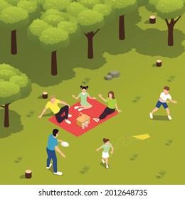 Summer picnic in countryside with family friends enjoying basket food playing flying disk isometric composition vector illustration 