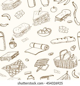 Summer picnic doodle seamless pattern. Various meals, drinks, objects, sport activities. Vector illustration