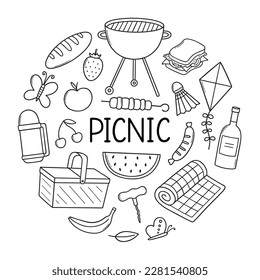 Summer picnic doodle set. Basket, fruit, barbecue, badminton, thermos in sketch style. Hand drawn vector illustration isolated on white background