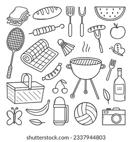 Summer picnic doodle set. Basket, fruit, barbecue, badminton, thermos in sketch style. Hand drawn vector illustration isolated on white background