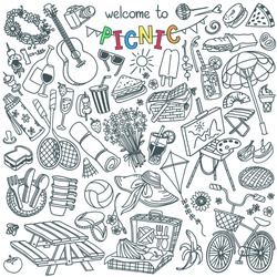Summer Picnic Doodle Set. Various Meals, Drinks, Objects, Sport Activities.  Vector Illustration Isolated Over White Background.