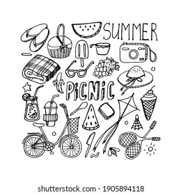 Summer picnic doodle set. Various meals, drinks, objects, sport activities. Vector illustration isolated over white background.