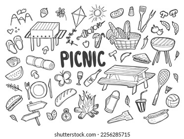 Summer picnic doodle set. Various meals, drinks, objects, sport activities. Vector illustration isolated over white background.