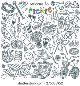 Summer picnic doodle set. Various meals, drinks, objects, sport activities.  Vector illustration isolated over white background.