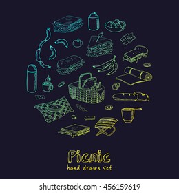 Summer picnic doodle set. Various meals, drinks, objects, sport activities. Vector illustration isolated over white background.