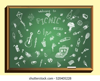 Summer picnic doodle set. Various meals, drinks, objects, sport activities. Vector illustration