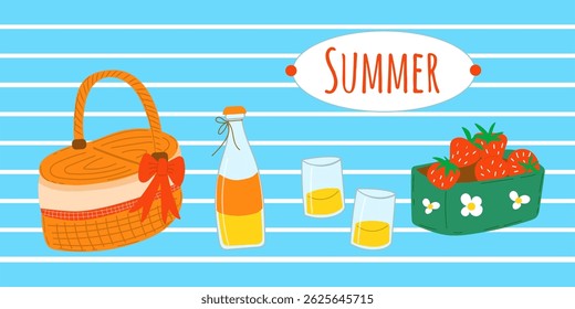 Summer picnic elements with basket, berries and bottle of juice. Picnic elements set. Bright picnic scene.