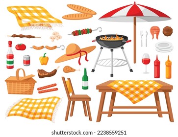 Sommerpicknickelemente. Grillspeisen am Wochenende werden im Freien serviert. Lifestyle Vektorgrafik-Set für Freizeit, BBQ und Drink, Appetit Frühstück