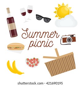 Summer picnic elements isolated on white: sunglasses, sandwich basket with food, fruits, wine, camera. Vector flat illustrations and set of element