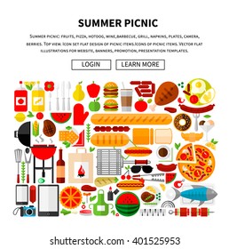 Summer picnic food and equipment landing page flat vector template. BBQ tools, meat and fish for grill cartoon illustration. Takeaway fastfood web banner layout. Outdoor barbecue ingredients 