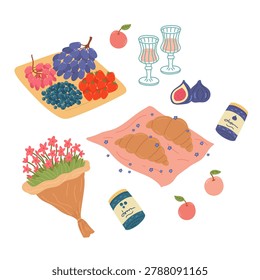 Summer picnic food set elements in flat cartoon design. Grape, strawberry and blueberry on plate, wine in glasses, croissants, figs, jam, flowers, outdoor dinner meal. Vector illustration isolated.