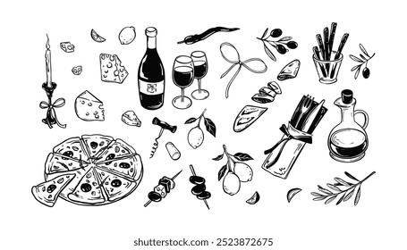 Sommer Picknick Essen und Wein Vektor Illustrationen Set. Pizza, Käseplatte, Baguette, Alkoholglas und Flasche vintage minimalistische Skizze. La Dole Vita. Holzkohle-Kritzeleien. Restaurant, Café-Menü-Design