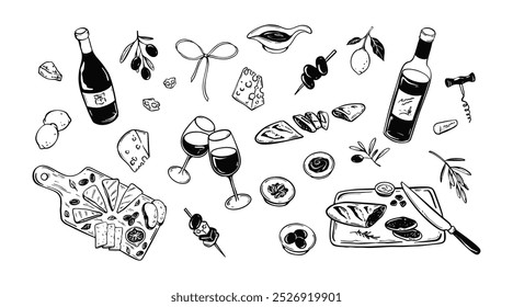 Sommer Picknick Essen und Wein Vektor Illustrationen Set. Pizza, Käseplatte, Baguette, Alkoholglas und Flasche vintage minimalistische Skizze. La Dole Vita. Holzkohle-Kritzeleien. Restaurant, Café-Menü-Design