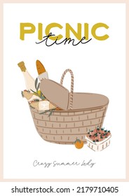 Summer picnic: fruits, berries, cake, hotdog, sandwich, bbq grill, coffee, ice cream, pie. Top view. Icon set flat design of picnic items. For banners, posters, promotion, presentation templates
