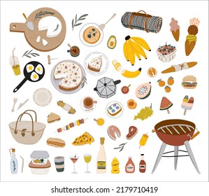 Summer picnic: fruits, berries, cake, hotdog, sandwich, bbq grill, coffee, ice cream, pie. Top view. Icon set flat design of picnic items. For banners, posters, promotion, presentation templates