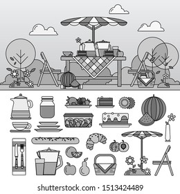 Summer picnic in garden with flowers, umbrella, chairs, basket with food, fruits, cake. Illustration, icon set flat design of picnic items. Line icons monochrome design.