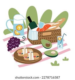 Summer picnic hand drawn composition, vector illustration of outside meal with sandwiches, grapes and bread, refreshing lemonade outdoors, healthy food in picnic basket, colored clipart