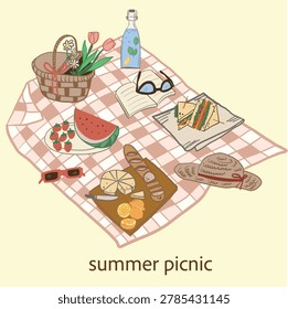 Summer picnic holiday at the park vector elements with weave basket, flowers, cheese board charcuterie, sandwiches 