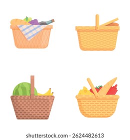 Summer picnic icons set cartoon vector. Picnic basket filled with food. Outdoor recreation