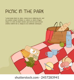  Summer picnic illustration. Doodle style. Basket with food, plaid and more. Picnic in the park