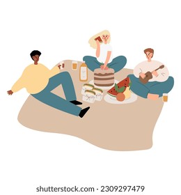 Summer picnic illustration, People, couples, friends, and families enjoying a picnic in park vector clipart, Images in flat cartoon style, Posters, Cards