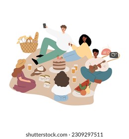 Summer picnic illustration, People, couples, friends, and families enjoying a picnic in park vector clipart, Images in flat cartoon style, Posters, Cards