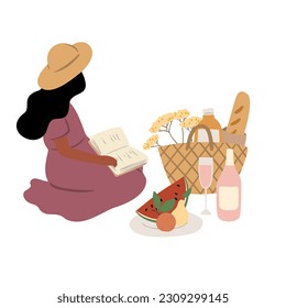 Summer picnic illustration, People, couples, friends, and families enjoying a picnic in park vector clipart, Images in flat cartoon style, Posters, Cards