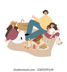 Summer picnic illustration, People, couples, friends, and families enjoying a picnic in park vector clipart, Images in flat cartoon style, Posters, Cards