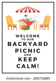 Summer picnic illustration, wooden table and chairs under the awning vector flat icon isolated