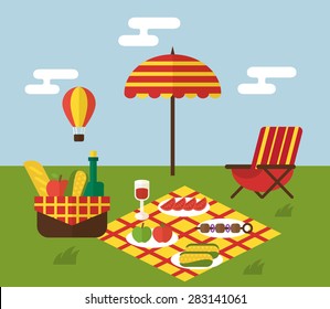 Summer picnic. Invitation template with food basket, dock chair air balloon