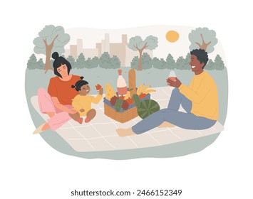 Summer picnic isolated concept vector illustration. Summer weekend activity, leisure time spending, cooking out supplies, picnic basket, family eating outdoors, park, snack idea vector concept.