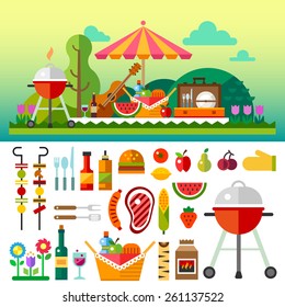 Summer picnic in meadow with flowers: umbrella, guitar, basket with food, fruits, barbecue.
Vector flat  illustrations and set of element