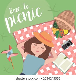 Summer picnic in meadow with food and dreamy girl. Editable vector illustration