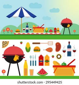 Summer picnic in meadow with umbrella, basket with food, fruits, barbecue. Vector flat illustrations and set of elements